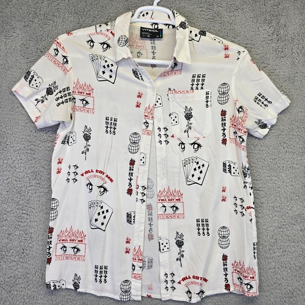 Vitriol Men's‎ Shirt Size Small White Short Sleeve Button Up Anime Flames Cards